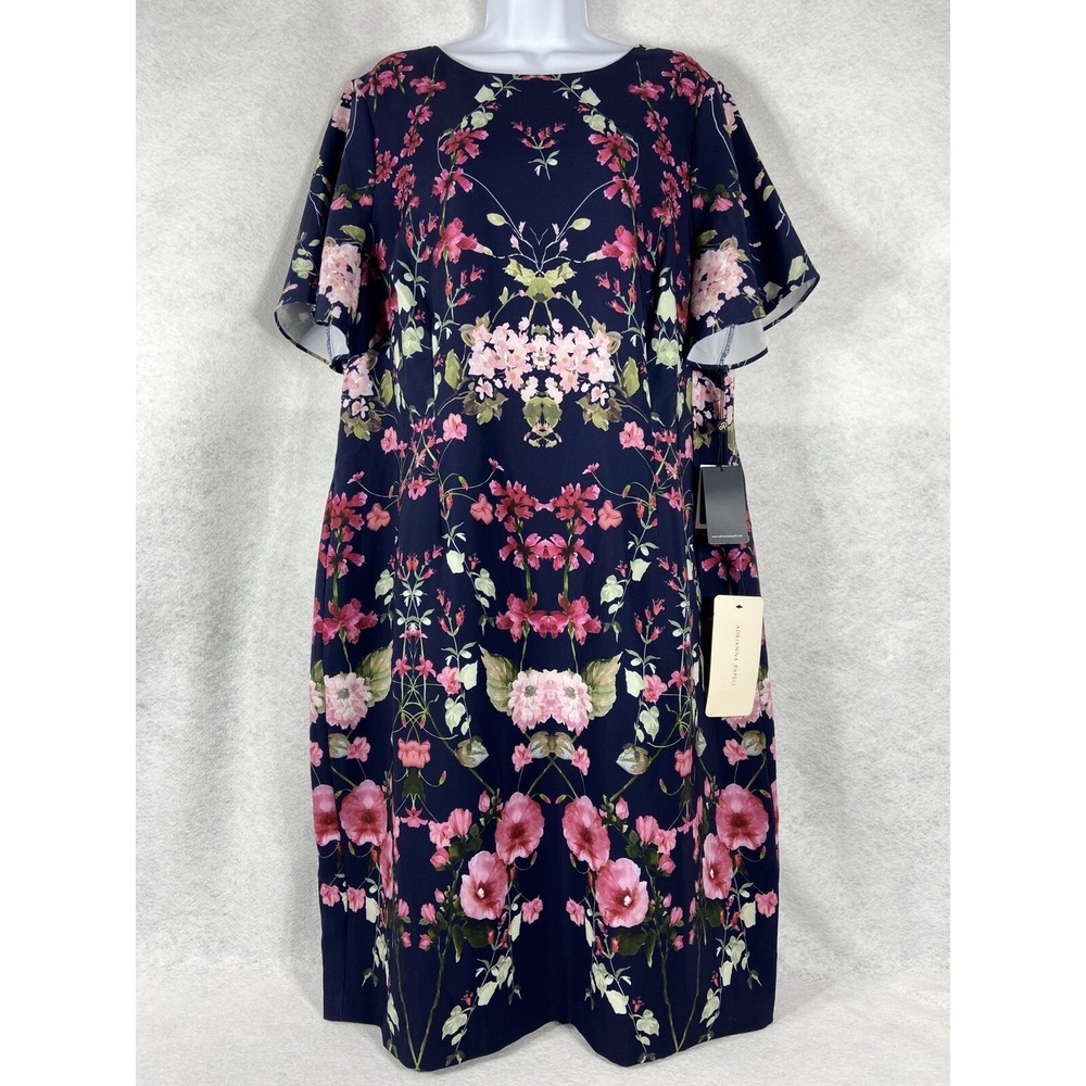 Adrianna‎ Papell Dress Women's 18W Navy Pink Sheath Floral Bell Sleeve New